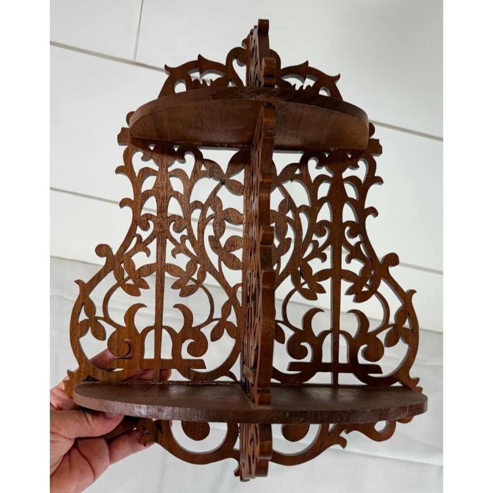 Vintage Intricate Handmade Scroll Cut Victorian Fretwork Display Shelf Two Level